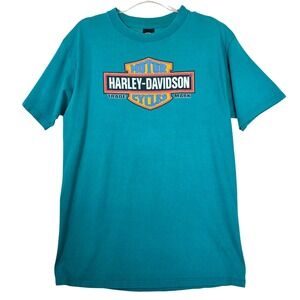 VTG 1999 Harley Davidson Daytona Beach Tee XL Teal Bar Shield Graphic Distressed